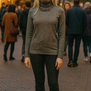 Diane Gilman Top Long-sleeved Turtleneck Metallic Size Extra Small